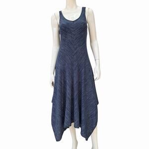 Vintage Y2K Linen Blend Bias Cut Dress w/ Handkerchief Hem Indigo Blue S/M